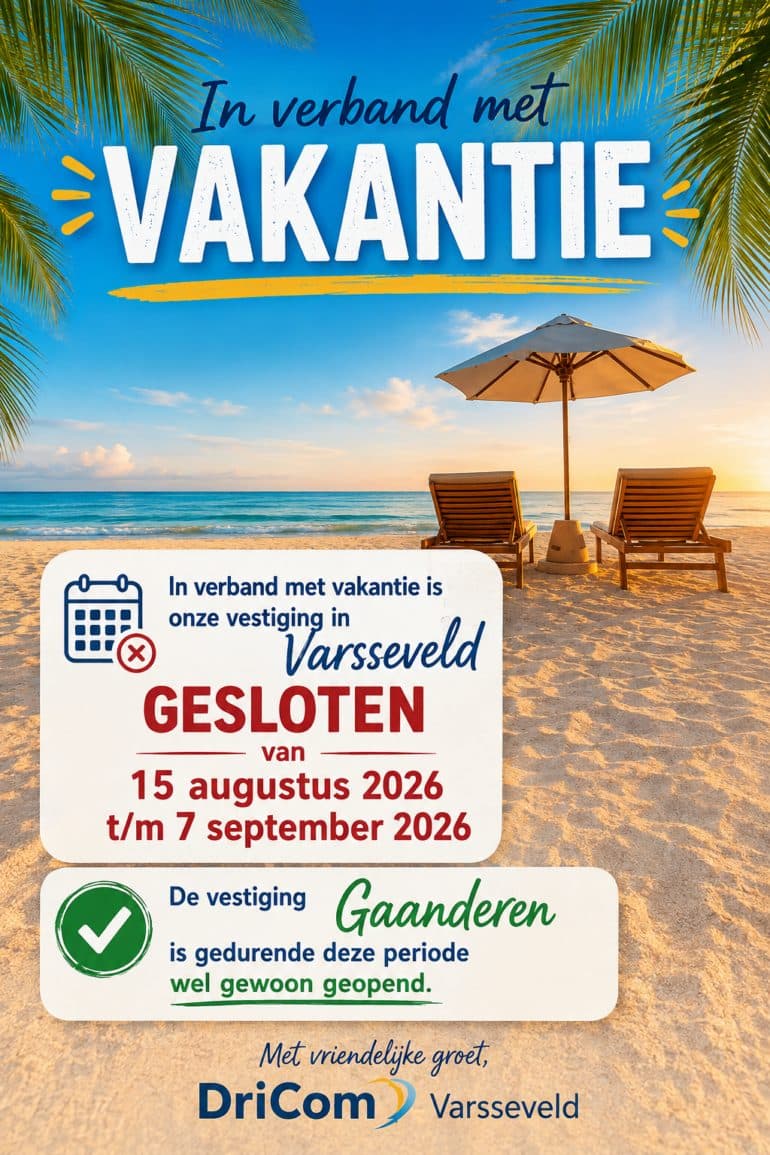 Aankondiging aangepaste openingstijden vestiging Varsseveld